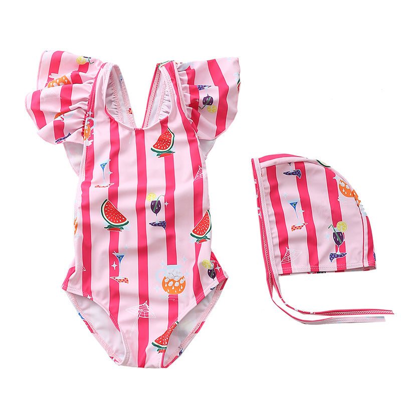 Kids and baby swimming suits featuring a pink striped one-piece with ruffles and matching swim cap, ideal for toddlers.