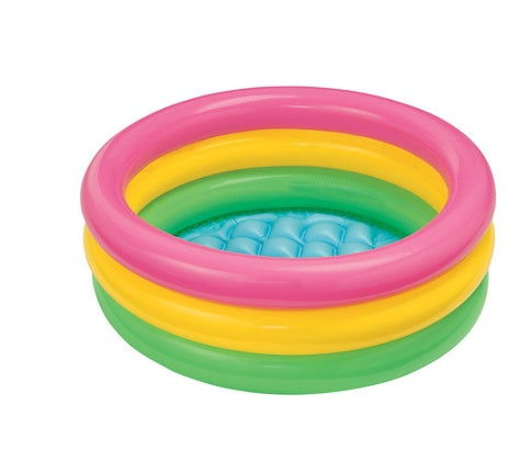 Kids inflatable paddling pool with pink, yellow, and green sides, shown with children outdoors