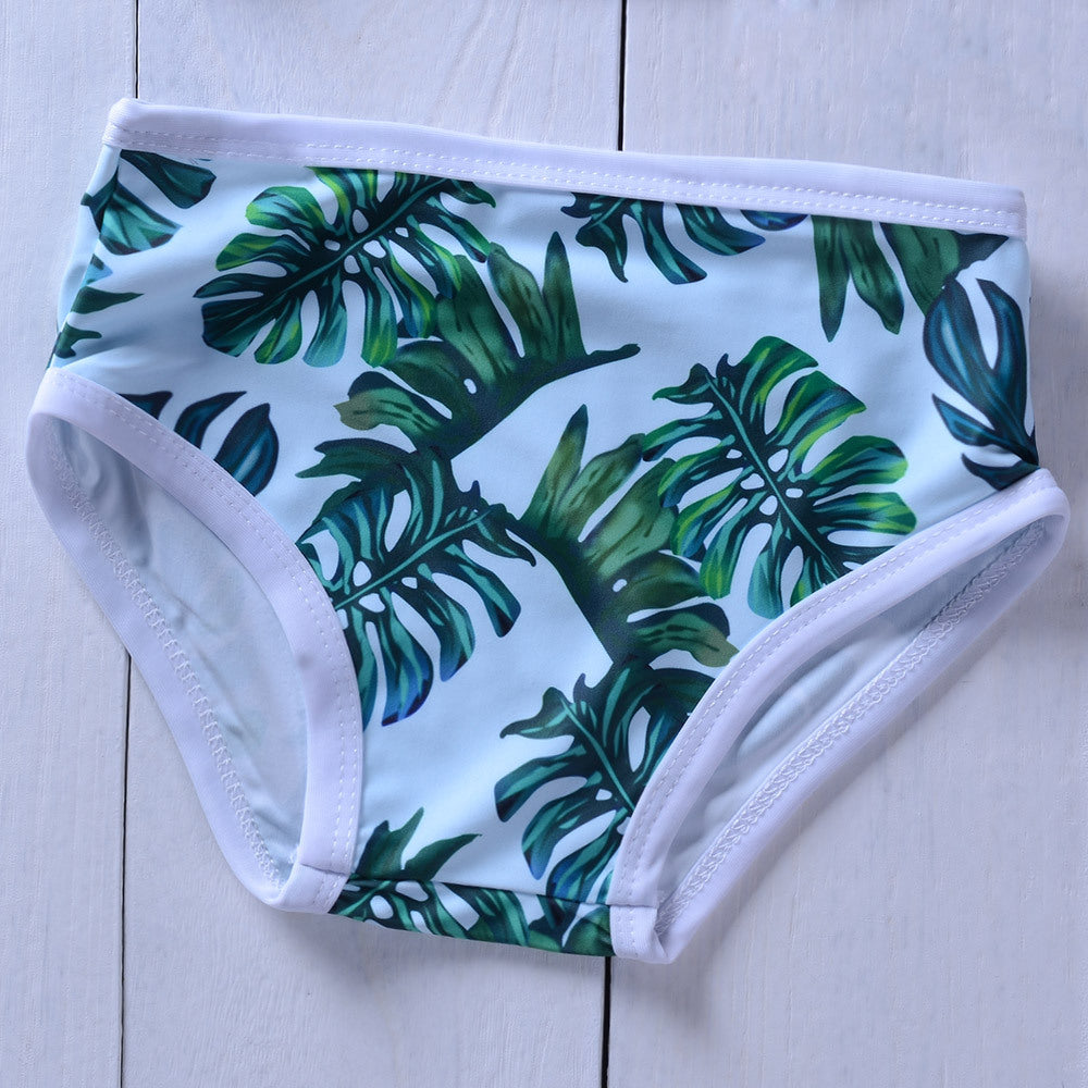 baby girls 2-piece swimsuit featuring tropical leaf print swim bottoms.