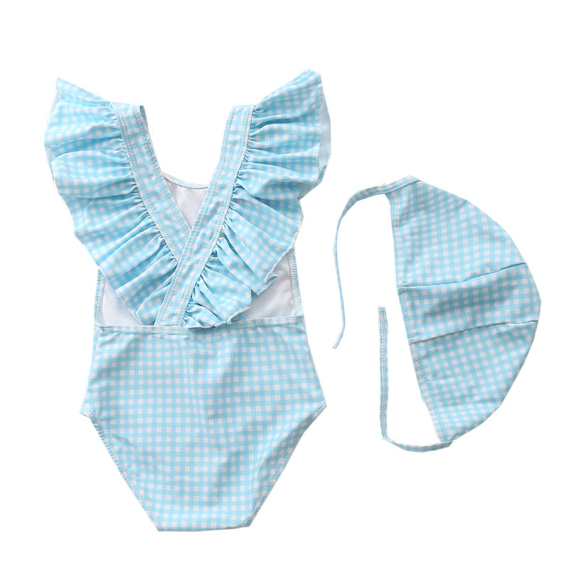 Kids and baby swimming suits in blue gingham pattern with ruffled straps and matching hat for toddlers.