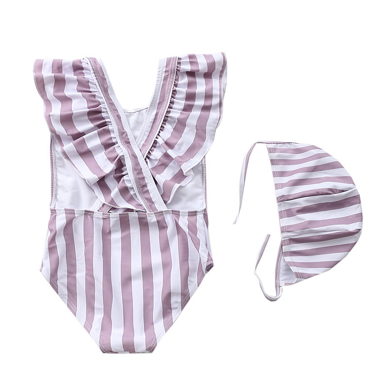 Kids and baby swimming suits in pink and white stripes, featuring a ruffled one-piece swimsuit and matching hat.