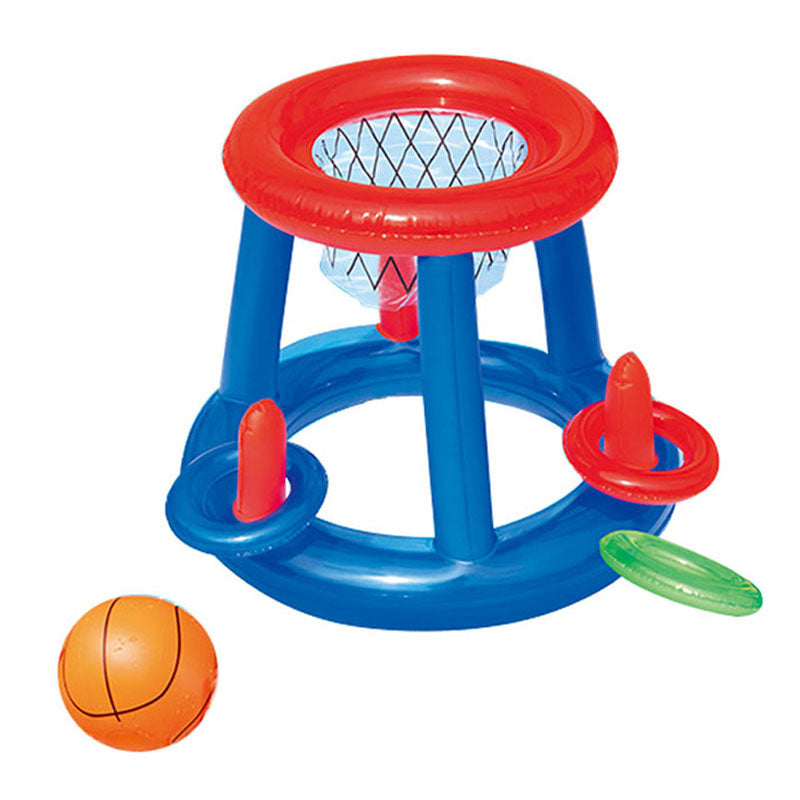 Blue and red inflatable pool ring toss game with basketball hoop and ring-toss targets