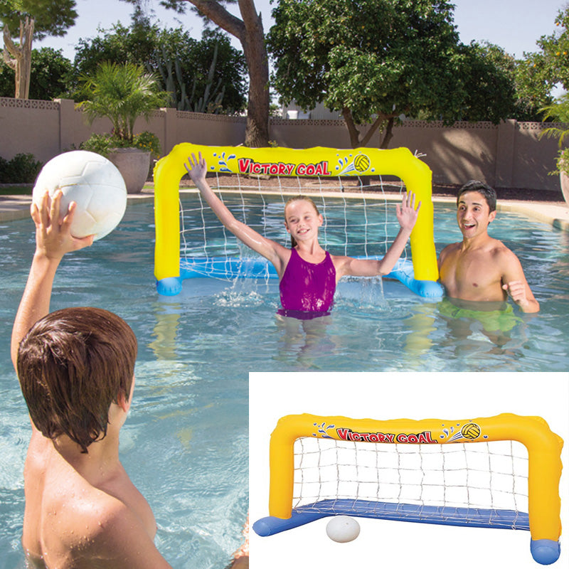 Blue and red inflatable pool ring toss game with basketball hoop and ring-toss targets