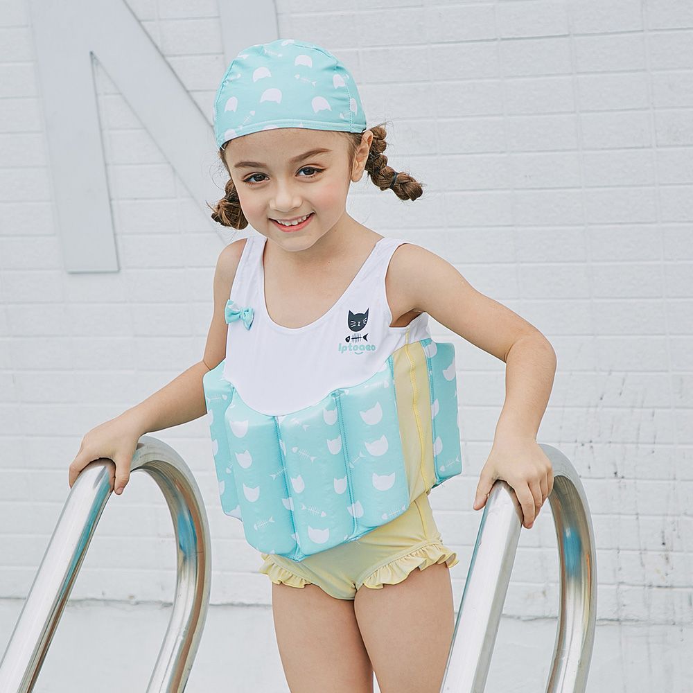 Front view of a child wearing light blue baby swimwear