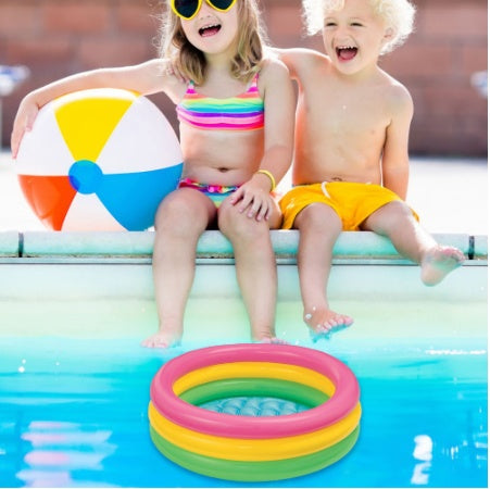 Kids inflatable paddling pool shown in a collage of product and lifestyle images